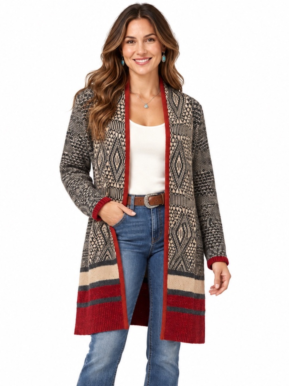 Hannah M Geometric Longline Open Front Cardigan Gray Beige Red Boho